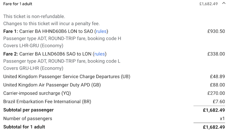 LHR GRU Round Trip fuel surcharges